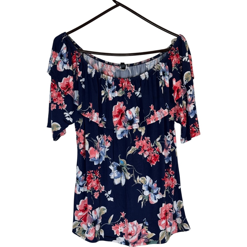 Banabee Womens Off Shoulder Floral Ruffle Top Navy Pink Blue Short Sleeve Size M